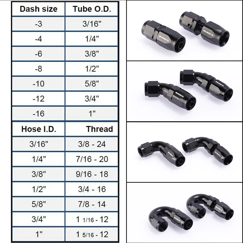 Straight/45/90/180 Degree Hose End Fitting Full Flow Swivel Adapter Aluminum Black AN4/6/8/10/12