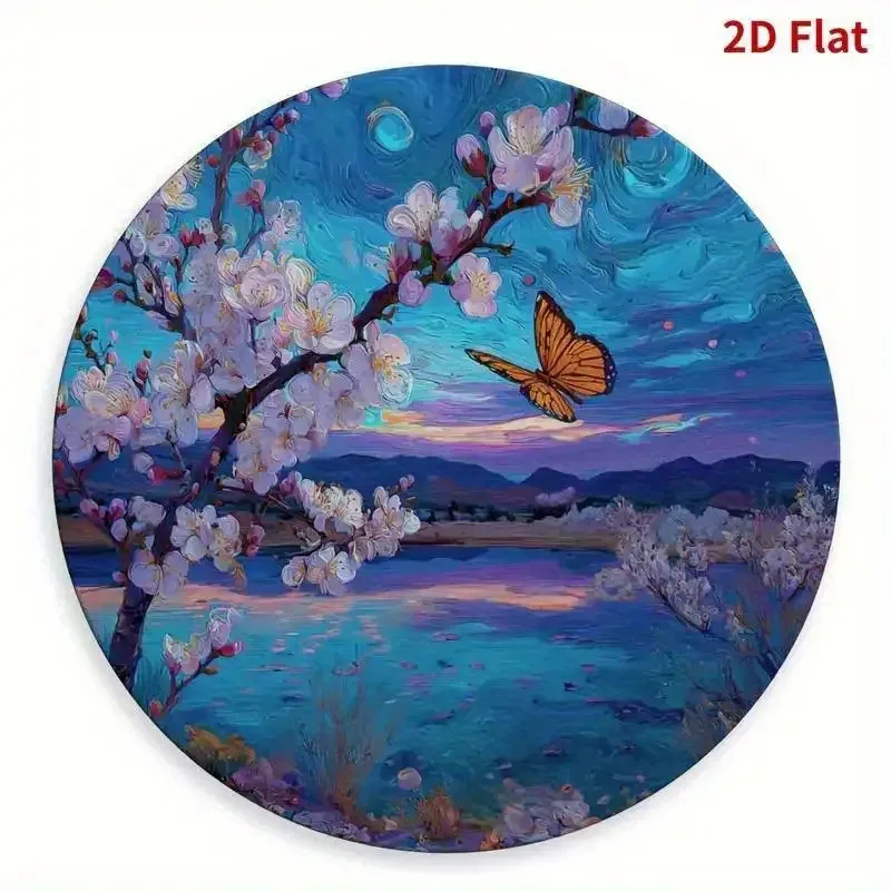 Van Gogh Style Starry Sky Cherry Blossom Butterfly 2D Round Metal Tin Sign 7.87x7.87 Inch Lake Landscape Iron Plaque Art Wall De