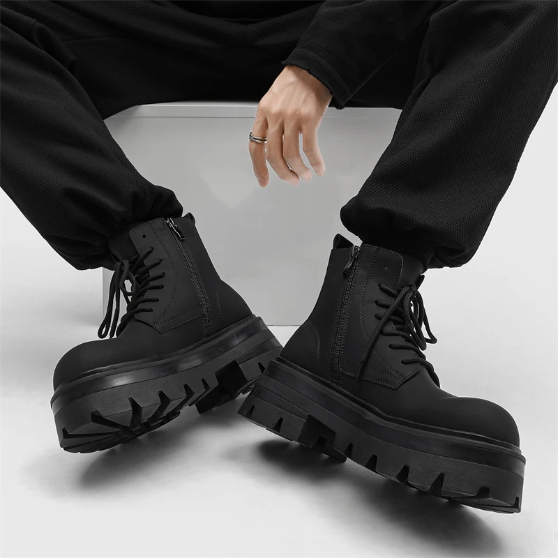 Men Thick Soled Height Increasing Casual Work Boots Side Zipper Anti Slip Wear-resistant Fashionable Outdoor Motorcycle Boots