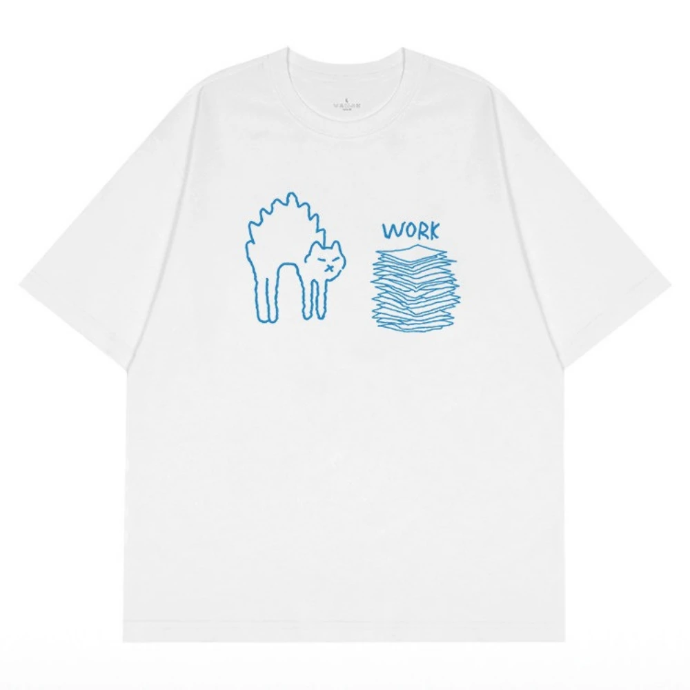 Stressed Cat Meme T Shirt Summer Unisex Men Women Office Worker Humor Hand Drawn Corporate Burnout Tee Tops