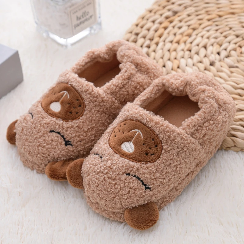 Fashion Toddler Boys Slippers for Winter Baby Loafers Plush Warm Cartoon Bear Rubber Sole Child Home Shoes Kids Indoor Footwear