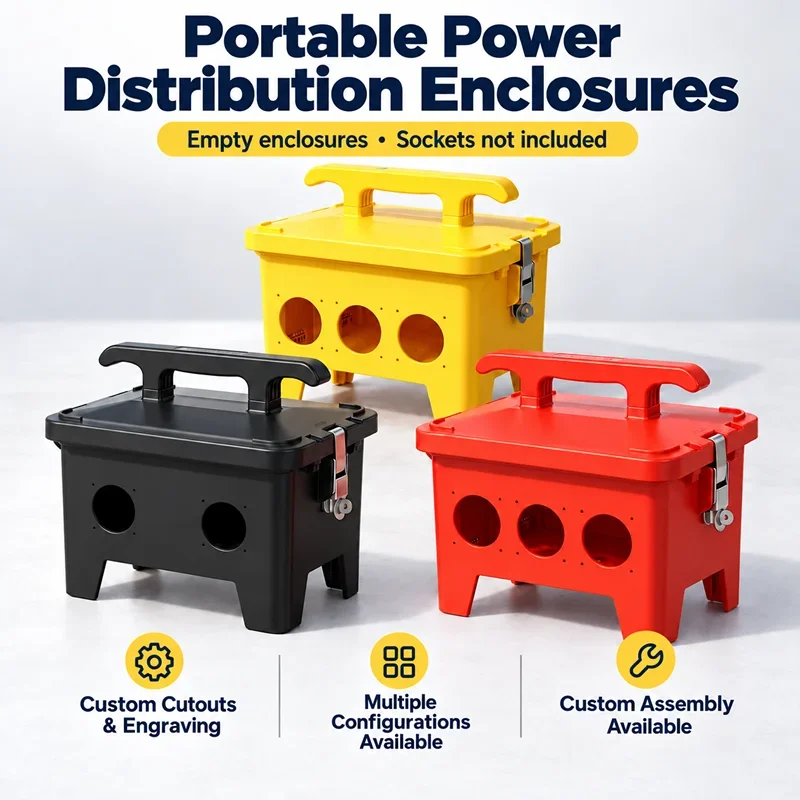 12 Way Portable Industrial Socket Box Empty ABS Enclosure with Carry Handle and Custom Cutouts for Construction Sites