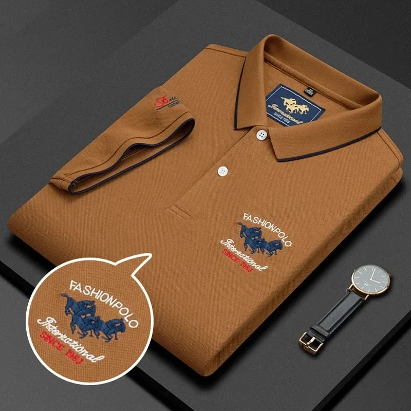 Summer Men\'s Thin Polo Shirts Letter Embroidery Solid Color Tops Fashion Business Casual Breathable Shorts Sleeve T-Shirts Male