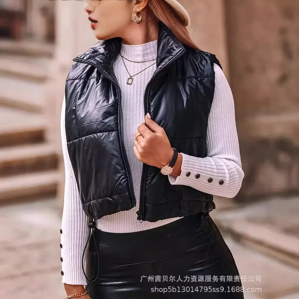 

Parkas Women Short Coats Solid Sleeveless Spliced Thick Jackets Zipper Stand Collar Casual Parka Elegant Warm Winter 2024