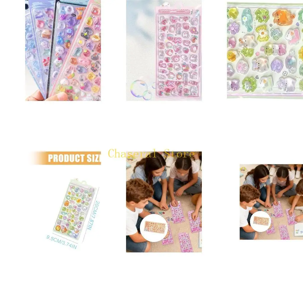 

E7CE Cartoon Crystal Stickers Embossed Sticker 6pcs for Craft Project Creative Fun