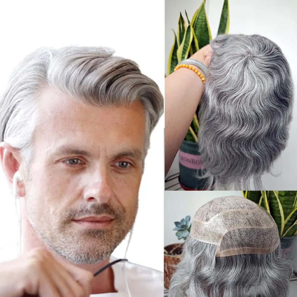 Hollywood Toupee for Mens Human Hair Piece Mixed Synthetic Hair Replacement System Grey Hair Free Style Toupee 8x10'' #1B80Color