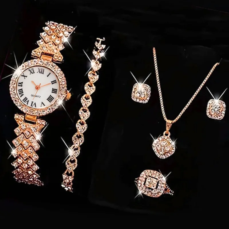 6Pcs Set Alloy Quartz Watches Women Ladies Fashion Casual WristWatch Bracelet Necklace Gift montre femme  relógio feminino