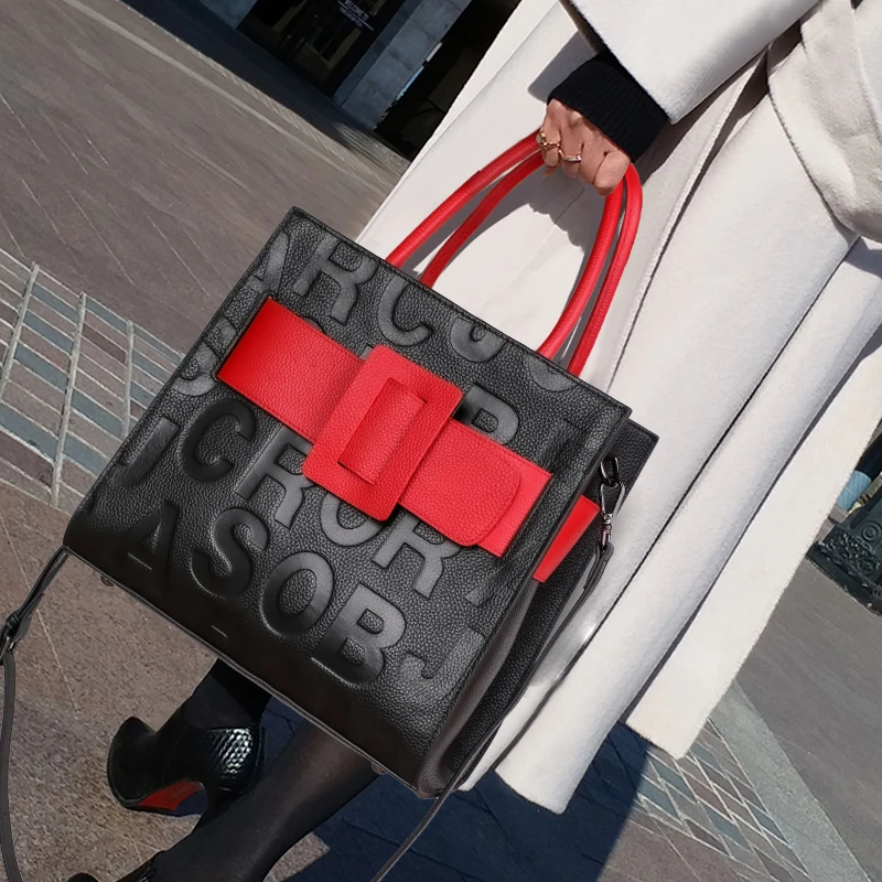 

Genuine leather cowhide women's handbag waist buckle black with red letters large capacity one-shoulder underarm storage bag