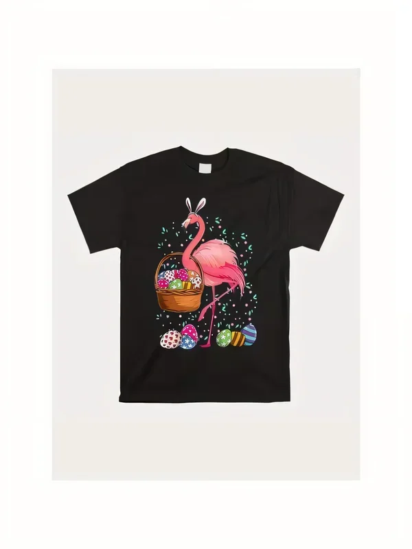 Whimsical Flamingo Easter Egg Basket Print Black Short Sleeve T-Shirt Spring Holiday Graphic Tee Women Men Casual Top