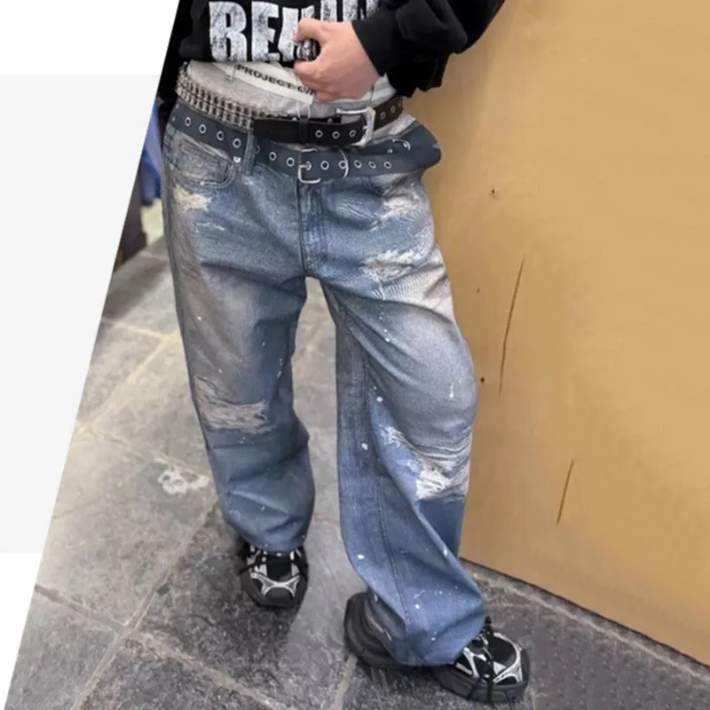 HKSH Primavera Estate dei Nuovi Uomini di High Street Chic Moda Distressed Jeans Lavati Chic Contrasto di Colore Dritto Pantaloni a Gamba Larga HK7030