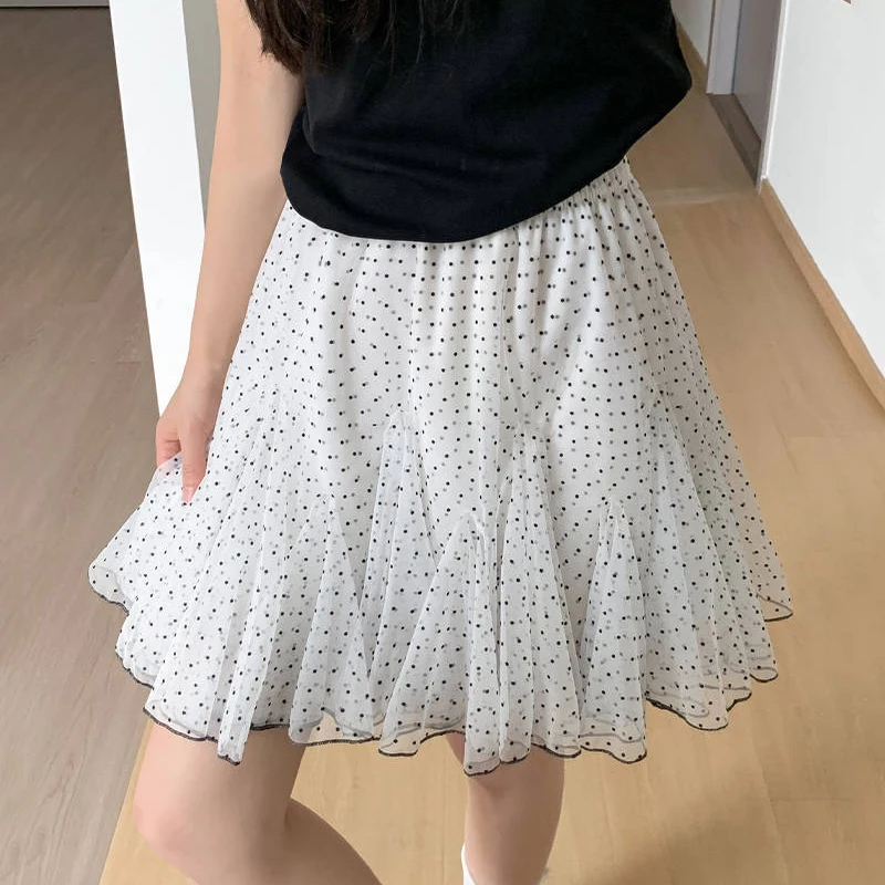 Polka Dot Mesh Cake Skirt Women Summer High Elastic Waist A-line Short Skirts for Woman Sweet Ballet Style Ruffles Puffy Skirt