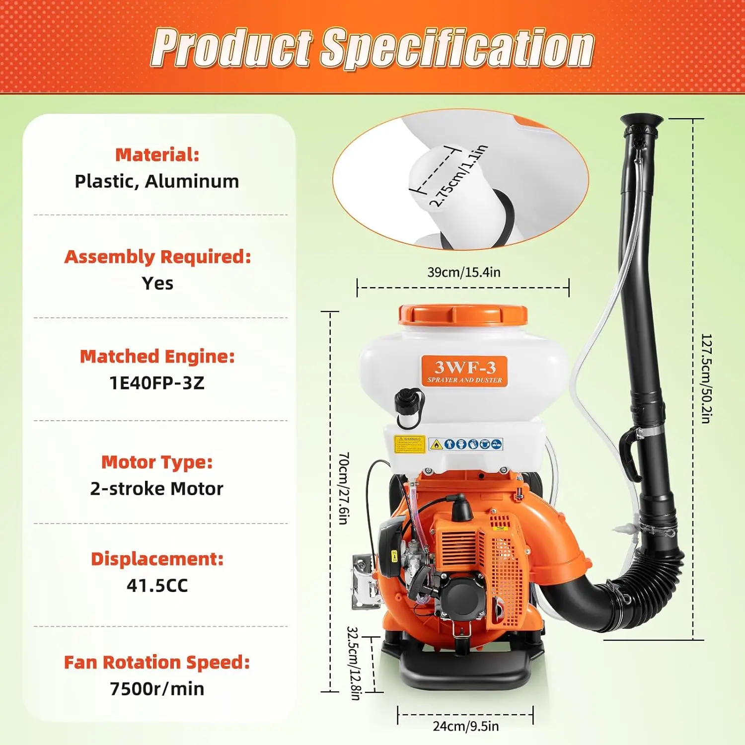 41.5CC Backpack Agricultural Mist Duster Sprayer, 2.13KW Gasoline Powered Backpack Sprayer 7500RPM Blower Sprayer Machine with