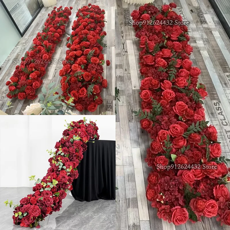 

Red Rose Artificial Flower Row Luxury Wedding Decor Table Centerpieces Flower Ball Floral Arrangement Long Runner Party Props