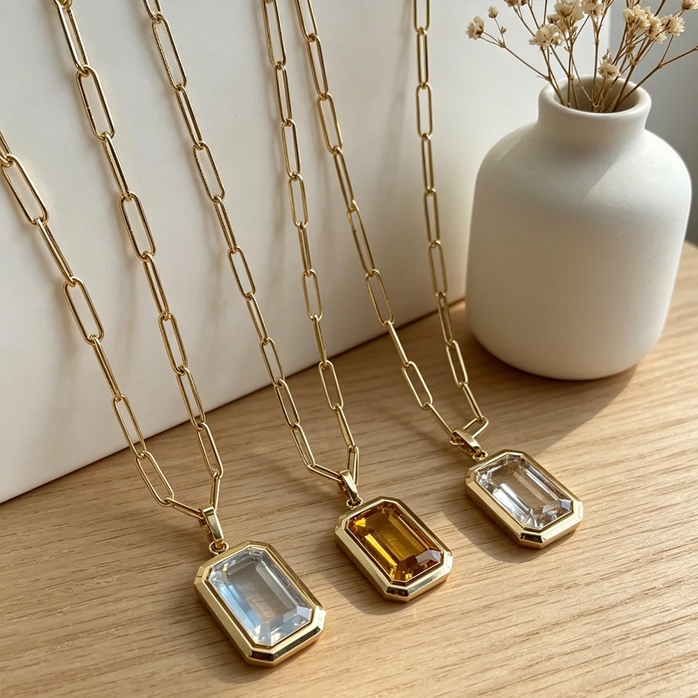 Geometric Square Multicolour Crystal Pendant Necklace for Women Gold Plated Link Chain Clear CZ Stone Neckalces Collar Jewelry