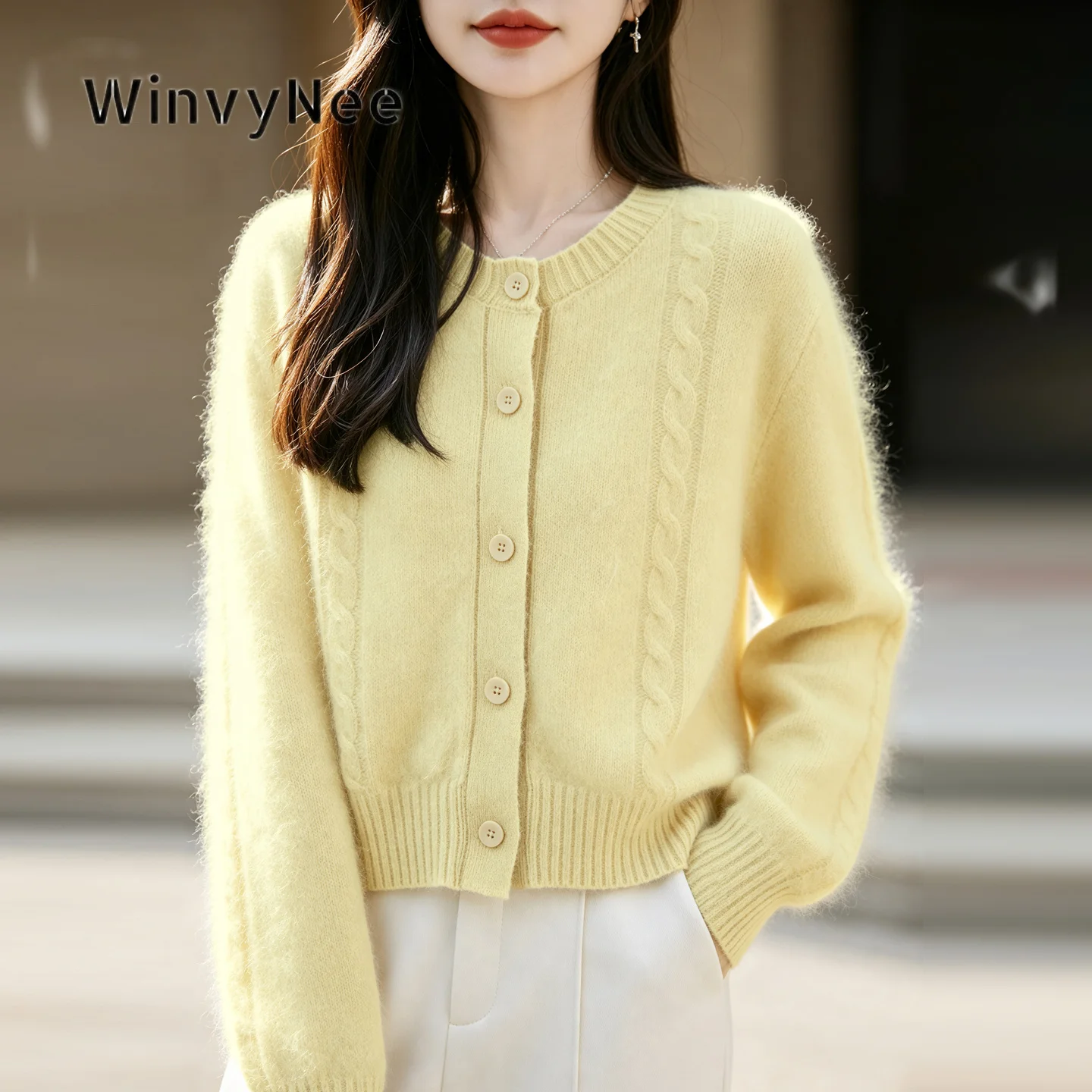 WinvyNee Women Textured Cropped Cardigan Cashmere O Neck Long Sleeve Knitwear Brushed Fabric Autumn Winter Soft Buttons B1743030