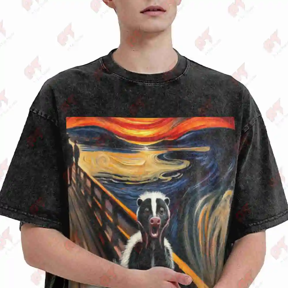 Expressionist Scream Parody Skunk Vintage Washed Tee Pure Cotton T-Shirt