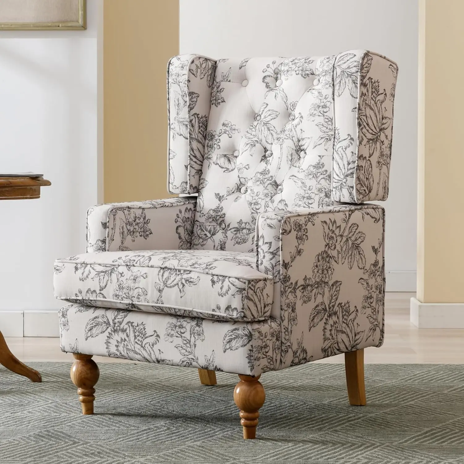 Button Tufted Linen Accent Chair Wooden Legs Wingback Armchair Pocket Living Room Bedroom Floral Beige, Customized
