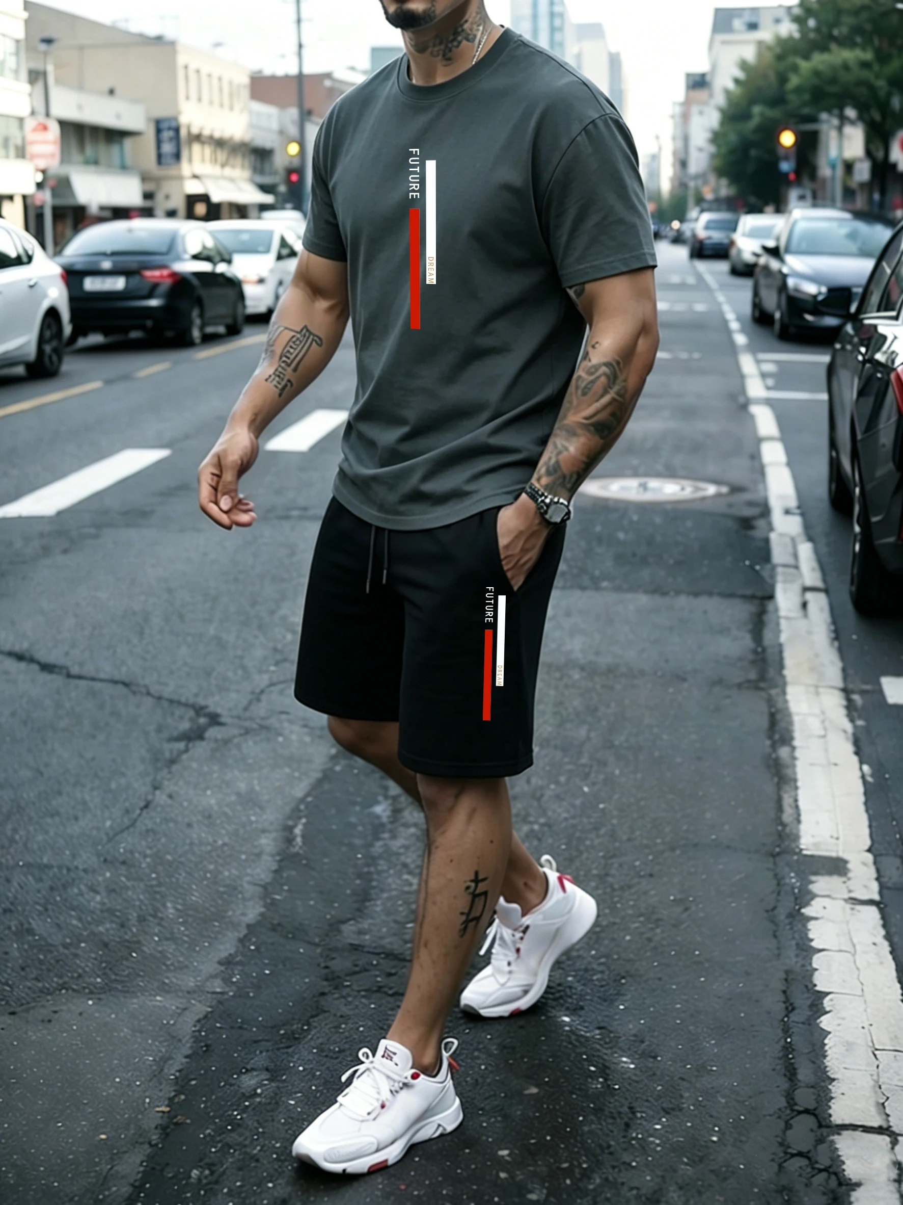 

Dream Future Line Pattern Cotton Summer Soft Streetwear Suits Mens Classic Pocket Bottom Cool All-Match Short 21 Color Comfy Top