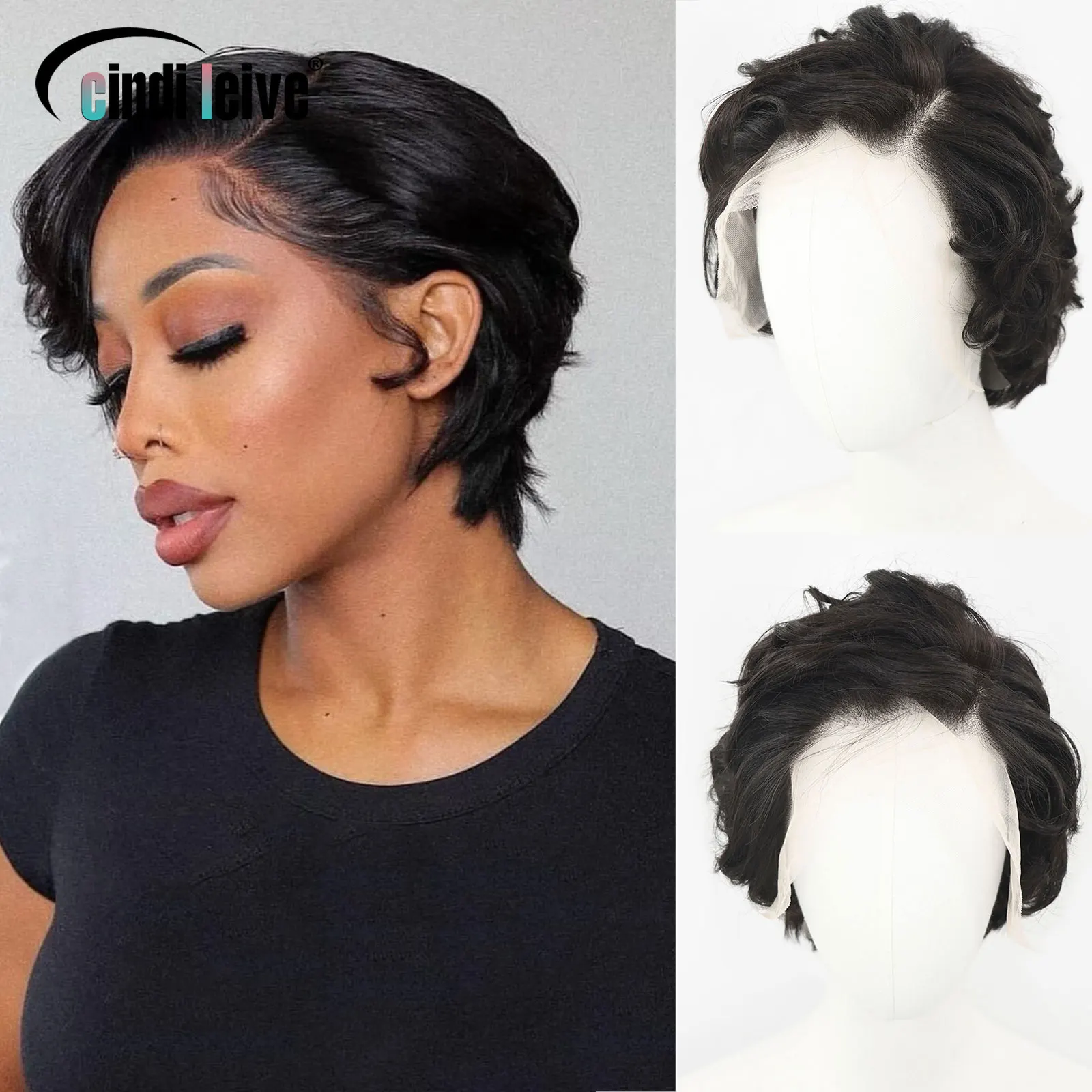 

13x6 Natural Black Short Wavy Pixie Cut Wigs For Women Human Hair Transparent Lace Frontal Bob Wig Pre Plucked Remy Curly Hair
