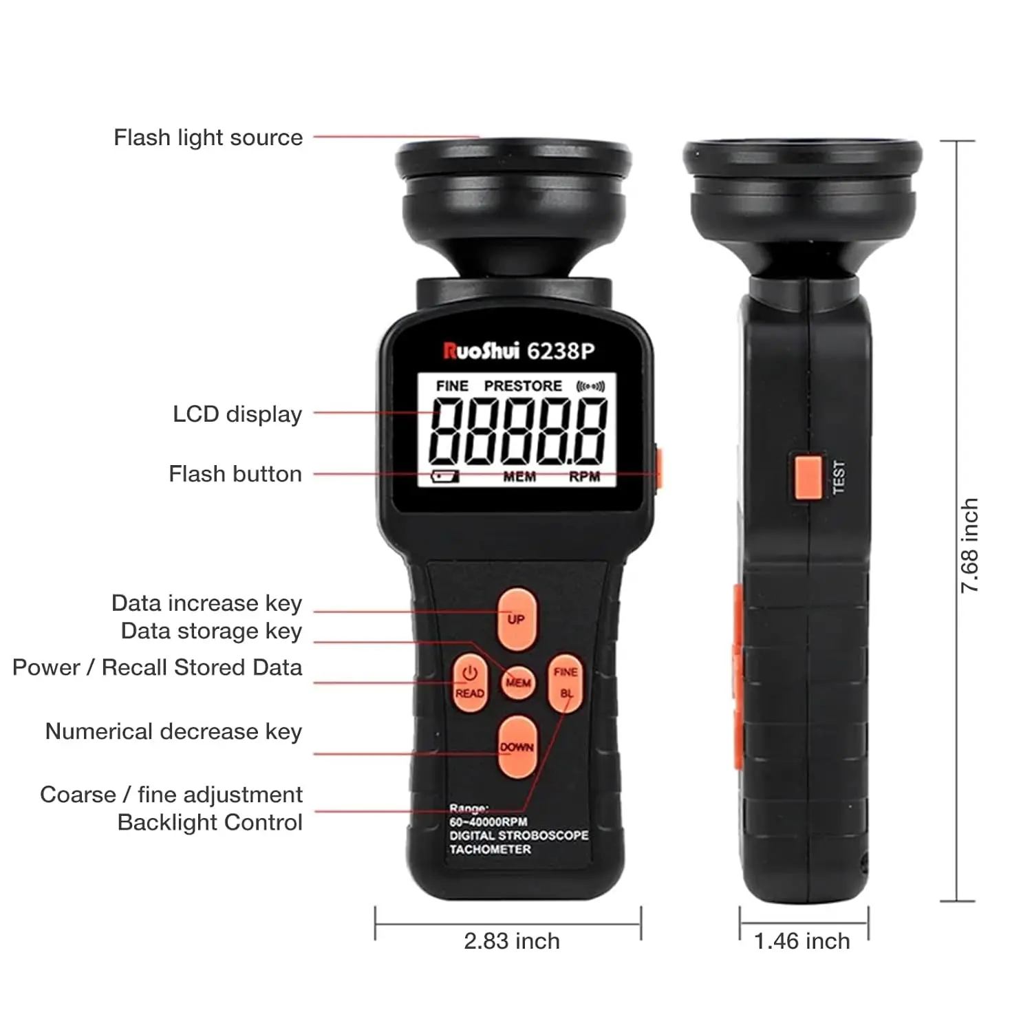 6238P Digital Stroboscope Tachometer LCD Non-Contact Flash Photoelectric Revolution Meter 60-40000 RPM Speedmeter Tester