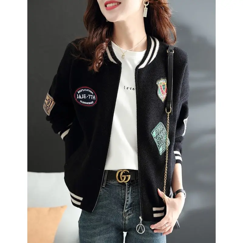 New Women's Fashion Label Short Baseball Jacket Loose Long Sleeved Jacket Pocket Small Top