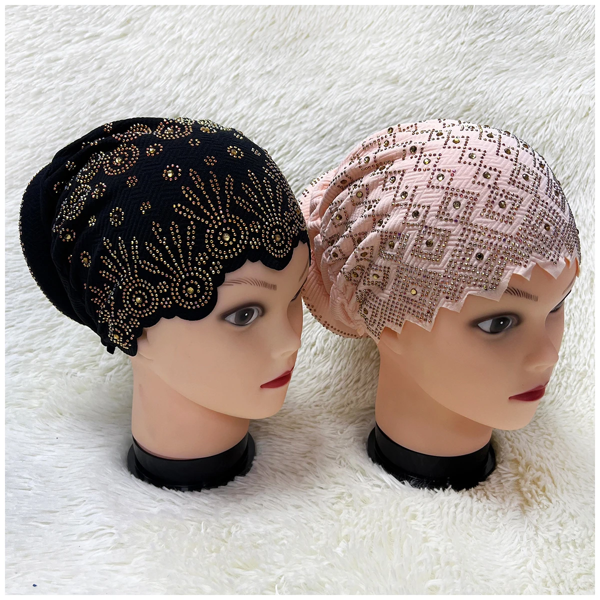 6/12 Pieces Wholesale Order Fashion Muslim Female Turban Hat Velvet Hot Rhinestone Solid Indian Beanie Hair Bonnet Cap For Women