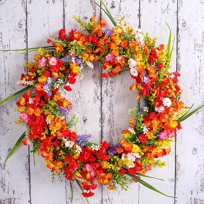 Artificial Colorful Flower Wreath for Front Door Farmhouses Garden Wedding Indoor and Outdoor Decorations, Spring Wreath 15UB