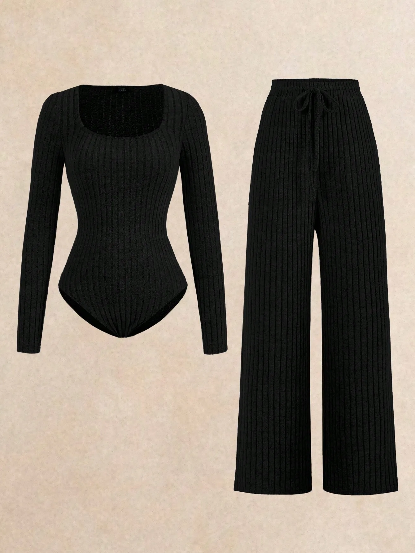 

Черный трикотажный боди с ребристой отделкой и комплект с широкими брюками, повседневная домашняя одежда