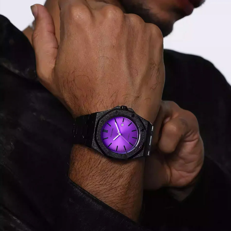 Octagon Wristwatch Glitter Textured Case Purple Dial Date Display Quartz Watch Unisex Stylish Trendy Casual Fashion Watch