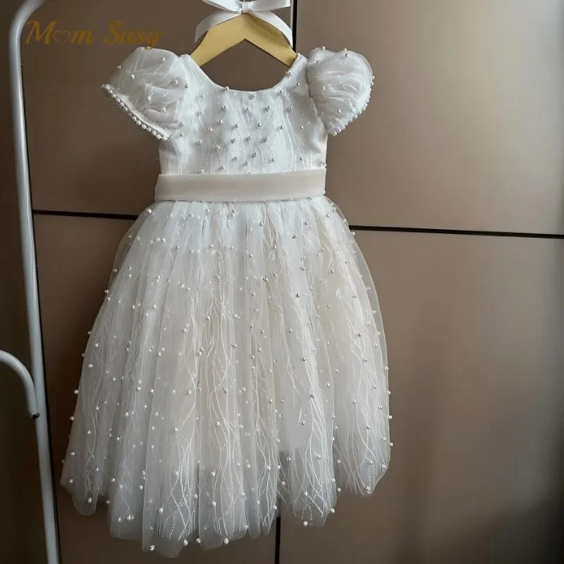 Baby Girl Princess Pearl Dress Bow Sleeveless Infant Toddler Girl Vintage Vestido Party Pageant Birthday Baby Clothes 1-12Y