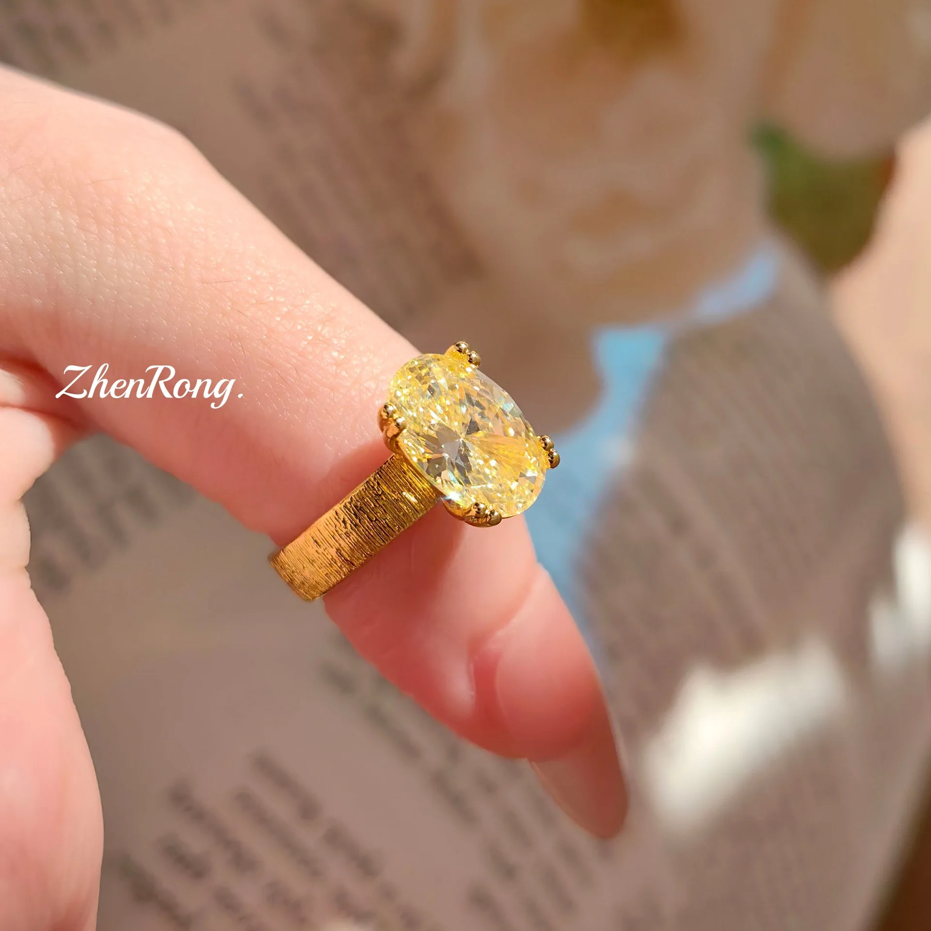 French gold brushed wide arm thick color yellow ring, Redion oval high carbon diamond pigeon egg women's ring