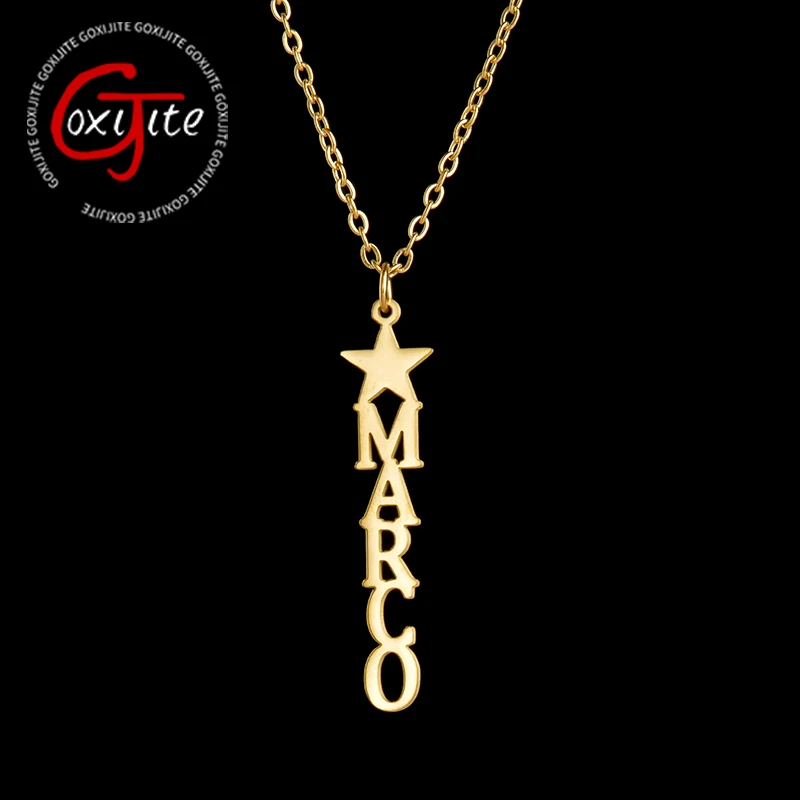 Goxijite Custom Vertical Name Necklace For Women Men Stainless Steel Personalized Nameplate Necklaces With Star Jewelry Gift