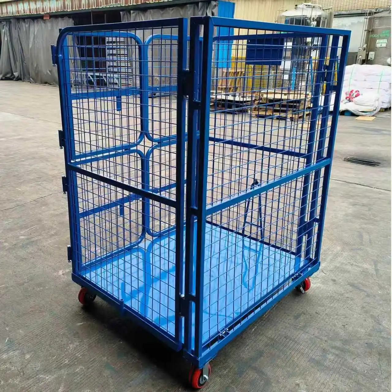 Heavy Duty Foldable Wire Mesh Roll Cage Double Door Warehouse Roll Container With Casters