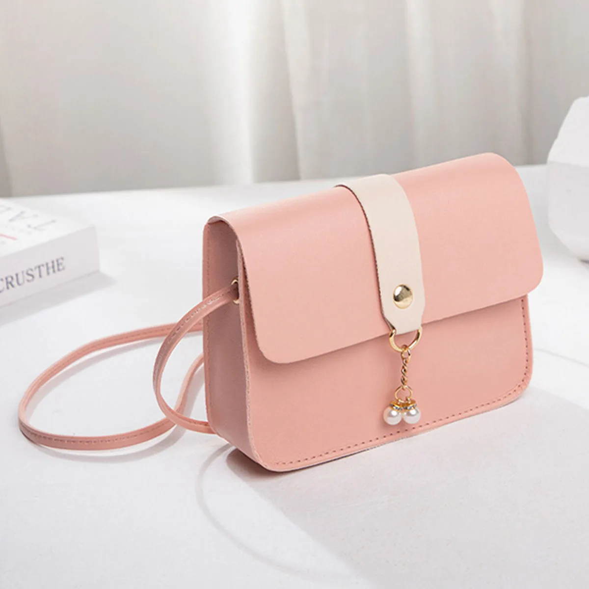 Pink Contrast Color Flap Crossbody Bag for Women, Pearl Pendant Decor Small PU Leather Shoulder Purse for Daily Travel