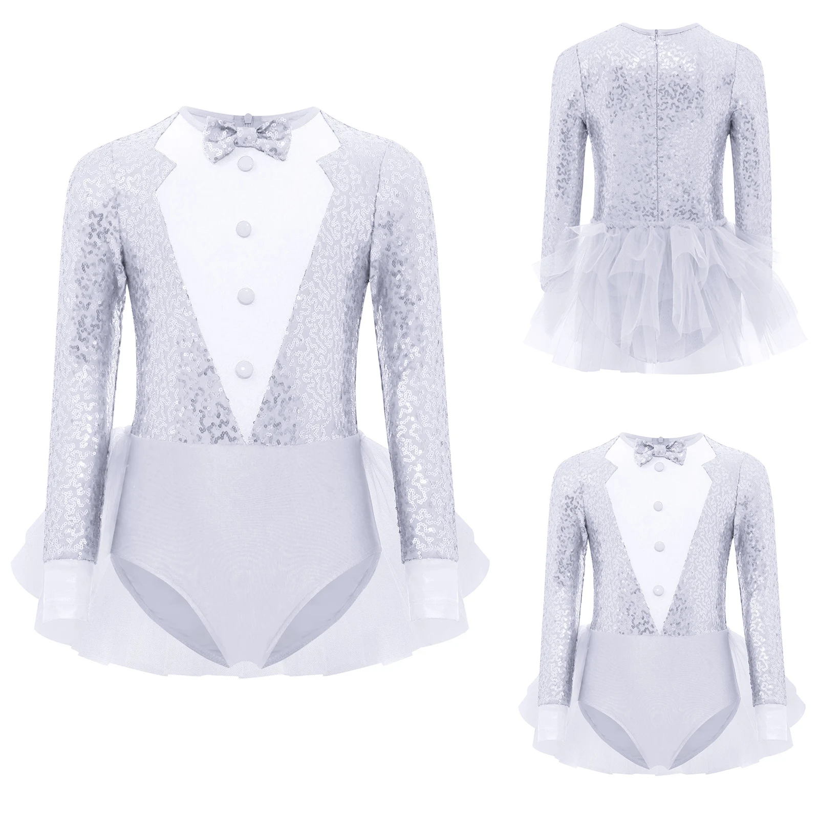 Girls Jazz Dance Bodysuit Sparkly Sequins Long Sleeve Round Neck Skirted Leotard Latin Jazz Leotard for Figure Skating Show