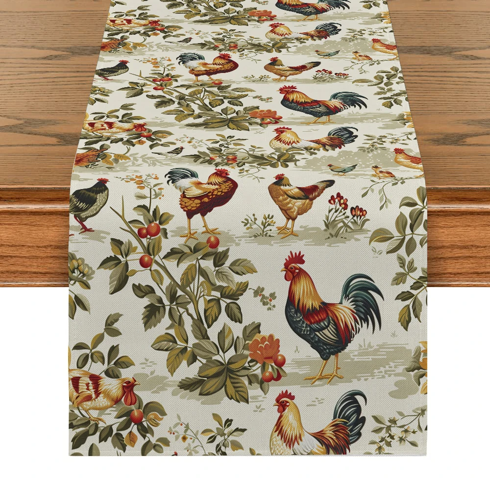 Rooster Oil Painting Retro Table Runners Party Table Decor Farmhouse Dining Table Runner Decorations Washable Dining Long Cloth