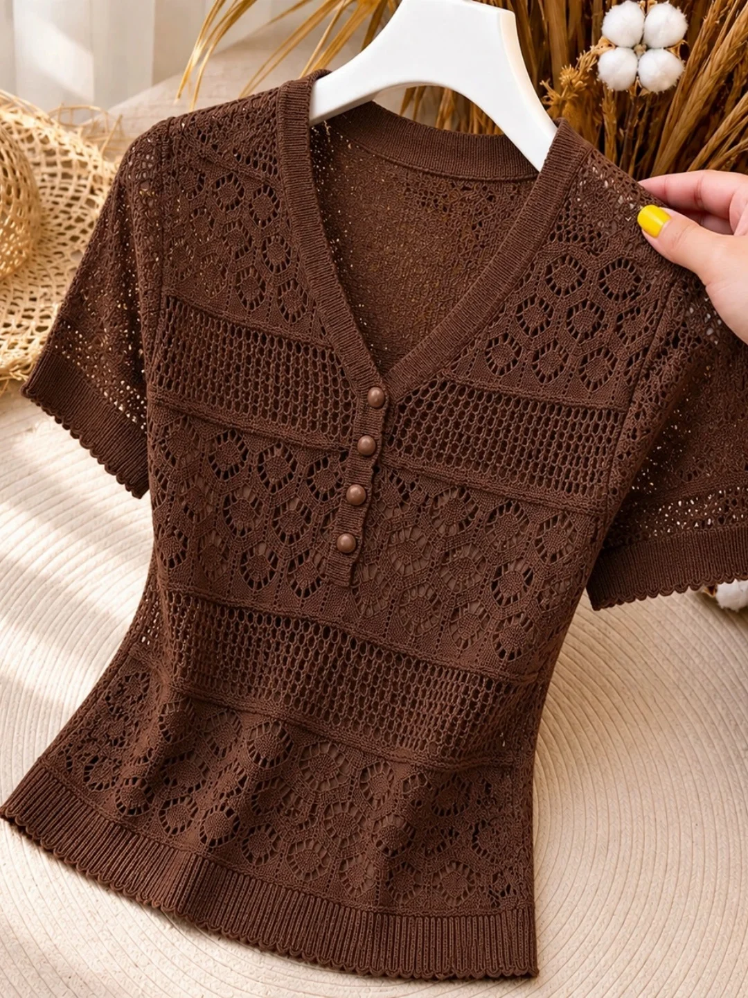 Korean Style Ice Silk Knitted V-Neck Hollow out Top Fashionable Versatile Summer Design Slimming Women's Straight Tube Sweater