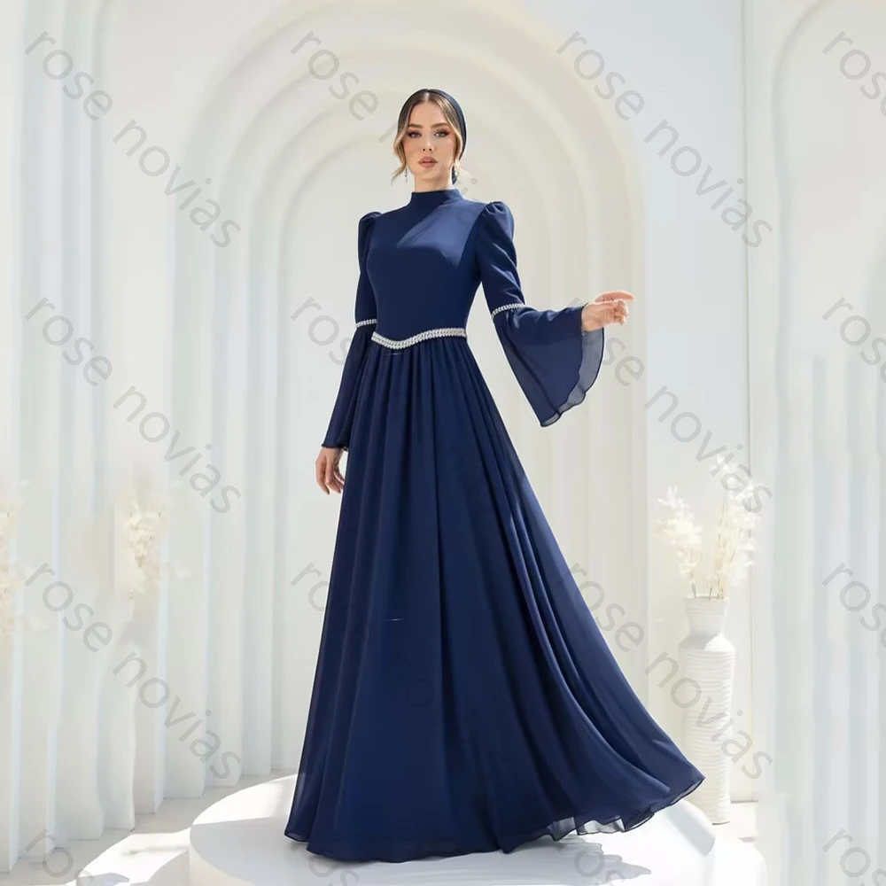 

Customized High Quality Matching Chiffon O-Neck Pleat with Beads A-line High Collar Long Sleeve Bespoke Occasion Evening Dresses