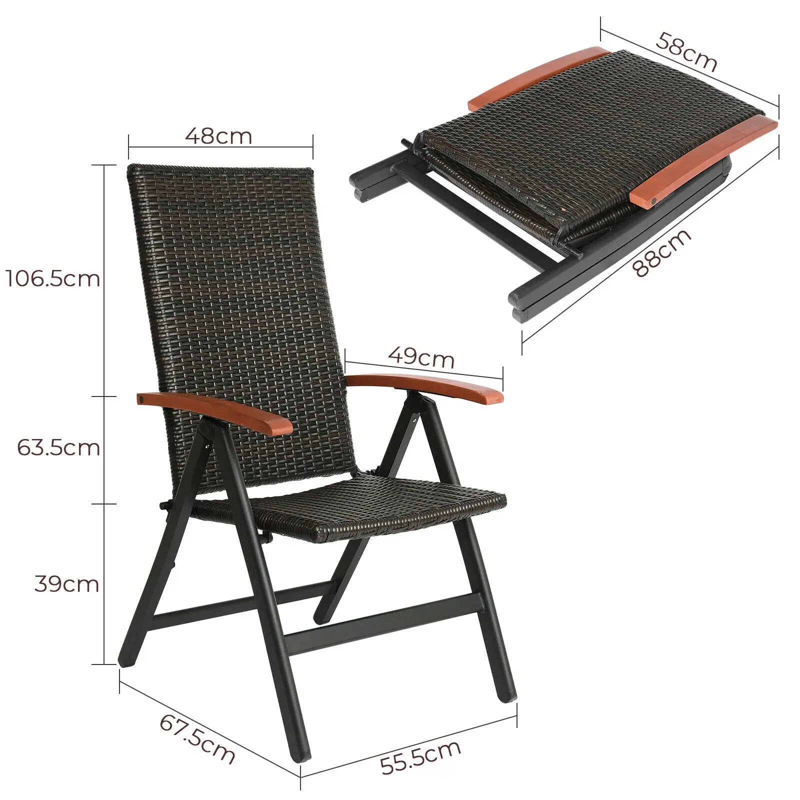 Wicker Folding Patio Chair Outdoor PE Rattan Recliner Camping Chairs with 5-Level Adjustable High Backrest for Garden Balcony