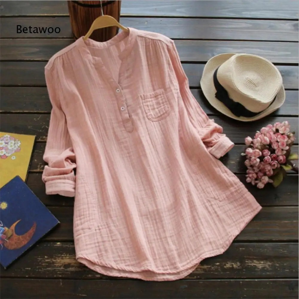 Womens Loose Casual Long Shirt Solid White Crinkle Cotton Linen Stand Collar Half Placket Pocket Tunic Top