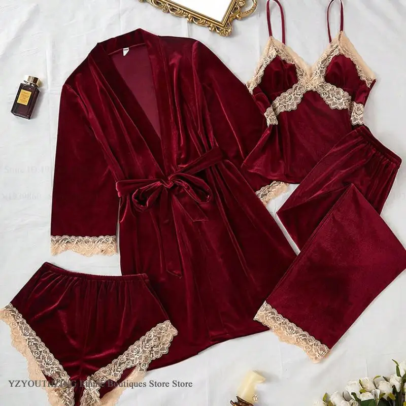 

Autumn Winter New Velvet 4Pcs Pajamas Set Sleepwear Sexy Lace Lingerie Bath Robe Gown Loose Velour Pijamas Homewear Loungewear