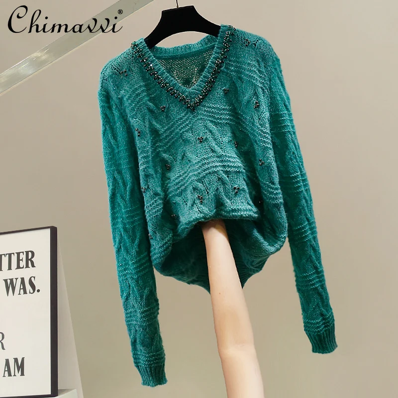

Korean Fashion Heavy Diamond Knitted Sweater Autumn Winter New Long Sleeve V-Neck Loose Elegant Long Sleeve Top for Women