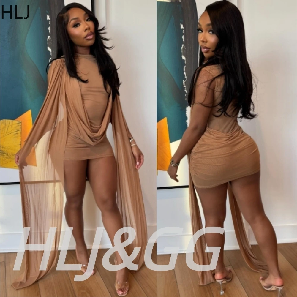 

HLJ Fashion Mesh See Though Ruched Bodycon Mini Dresses Women Round Neck Patchwork Sleeveless Irregular Vestidos Streetwear 2026