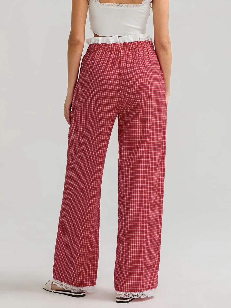 wsevypo Pantaloni con stampa scozzese con coulisse Pantaloni casual da donna con volant in vita alta elastica Pantaloni larghi con bordi in pizzo chic