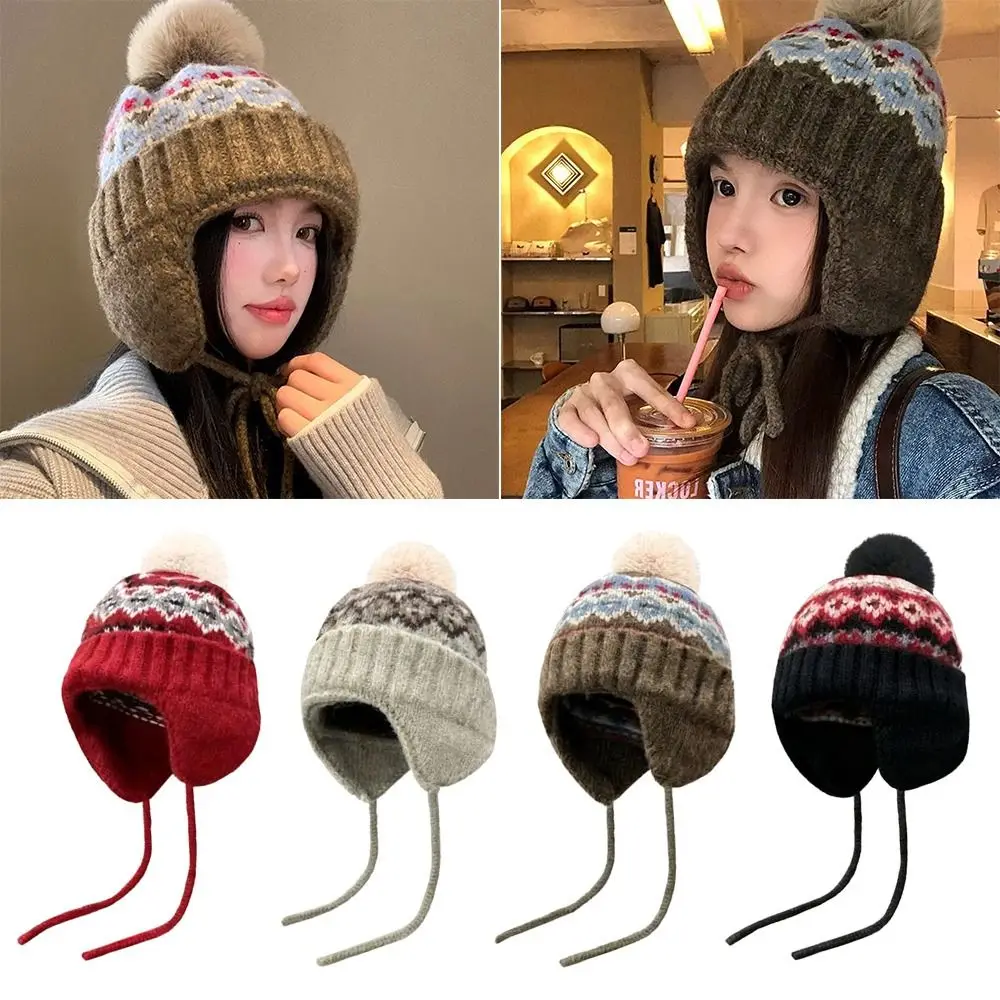 

Fashion Warm Winter Hat Ear Protection Cute Knitted Cap Thickened Pompoms Cap Outdoor