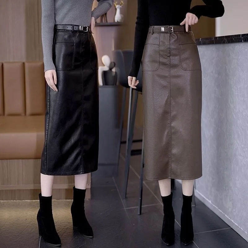 الشتاء بو الجلود تنورة عالية الخصر ميدي مستقيم خطوة واحدة التفاف الجسم تنورة قصيرة ألف خط تنورة البوليستر النسيج لون نقي #5