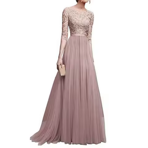 Women Maxi Dress Elegant Lace Flower Embroidered Maxi Evening Dress for Women Round Neck Half Sleeve Tight Waist Floor Length
