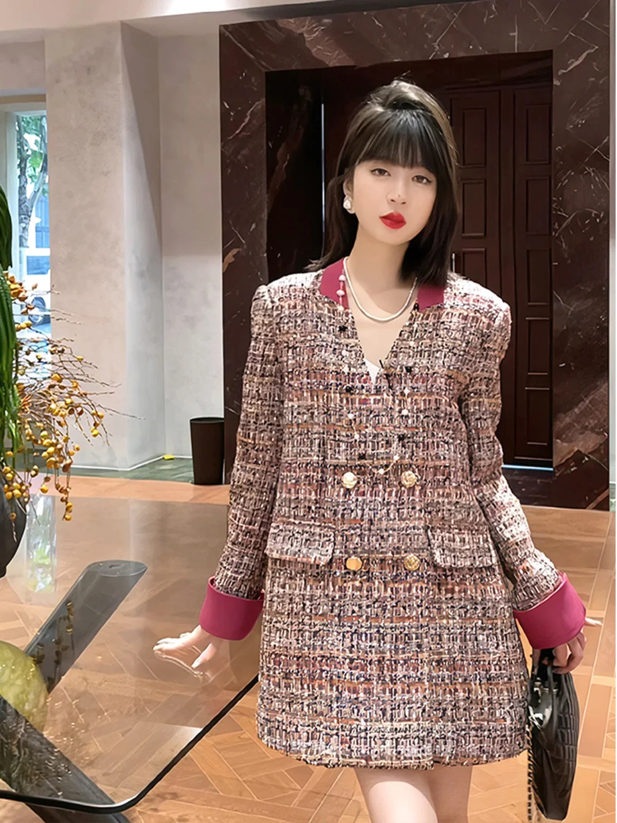 

Woven Woolen Double Breasted Women's Autumn Winter New V-Neck Fragrant Patchwork Suit Dress