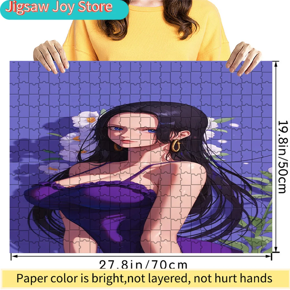 

One Piece Boa Hancock Long Black Hair Golden Snake Earrings Purple Spaghetti Strap Dress White Floral Background Art Paper Jigsa