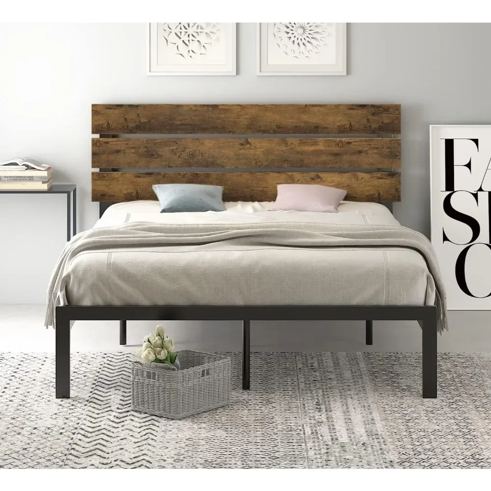 Bed frame, queen size wooden headboard, sturdy metal slats support, easy to assemble bed frame, bedroom bed frame